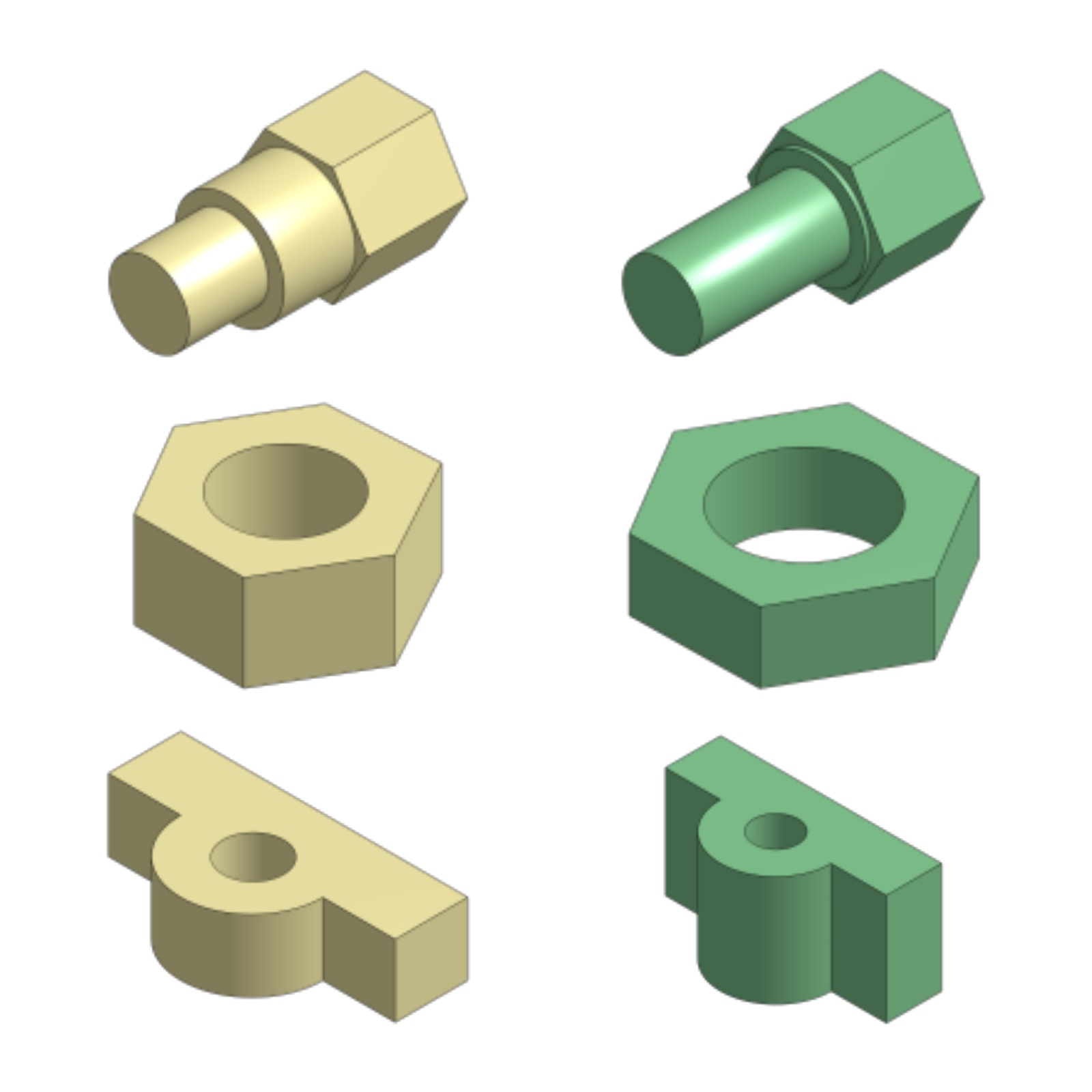 Drawing2CAD paired beige and green CAD models of a stepped shaft, hexagonal part, and bracket