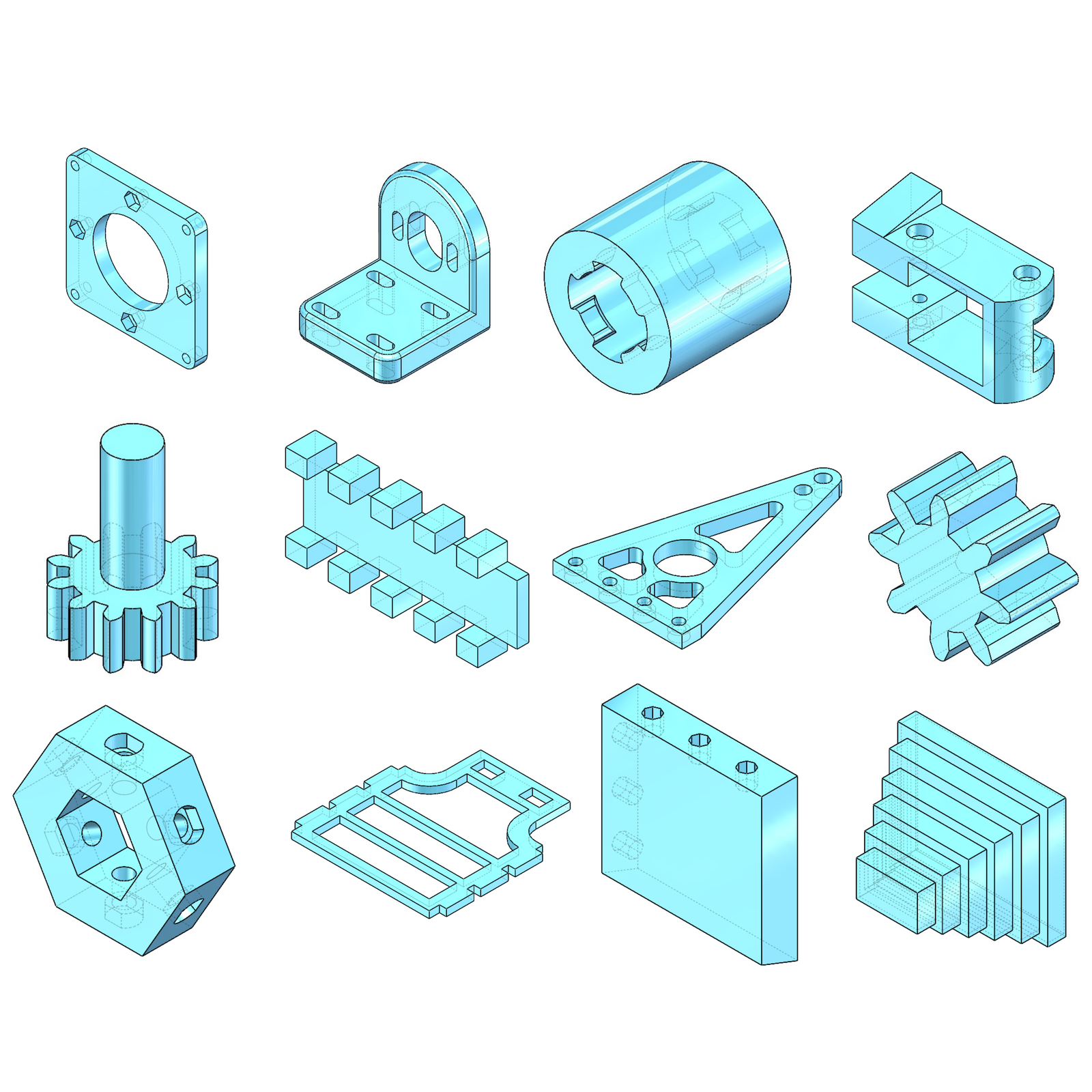 HiFi-BRep gallery of twelve translucent cyan CAD parts with varied topology and geometry